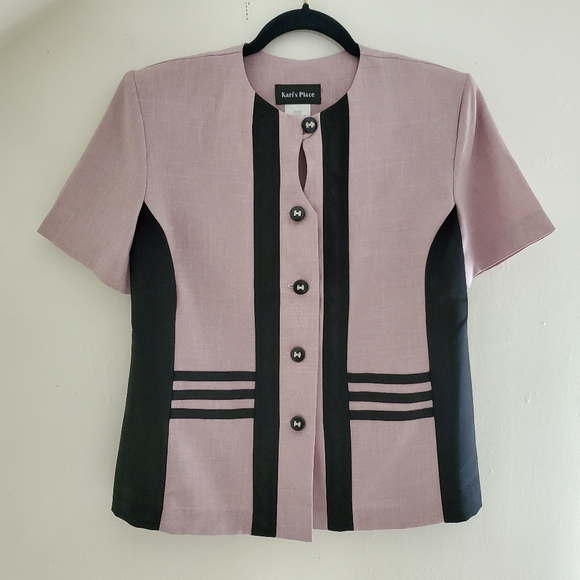 80s 90s Vintage Lilac & Black Secretary Short Sleeve Button Up Top - Picture 1 of 8